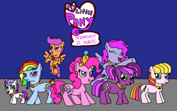 Size: 1690x1065 | Tagged: safe, artist:logan jones, derpibooru import, cheerilee, pinkie pie, rainbow dash, scootaloo, starsong, sweetie belle, toola roola, earth pony, pegasus, pony, series:core seven friendship is magic, g3.5, alternate universe, big crown thingy, core seven, core seven elements of harmony, earth pony rainbow dash, flying, g3.5 to g4, generation leap, jewelry, my little pony logo, rainbow dash always dresses in style, regalia, scootaloo can fly