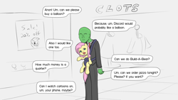 Size: 3840x2160 | Tagged: safe, artist:fimflamfilosophy, fluttershy, oc, oc:anon, human, baby, baby carrier, mall, not salmon, shopping, wat