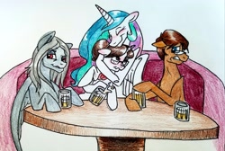 Size: 3803x2554 | Tagged: safe, artist:smirk, princess celestia, raven, oc, oc:barred hold, oc:bristleback, alicorn, pony, alcohol, blushing, booth, flustered, grab, hug, request, smiling, smirk, spilled drink, traditional art