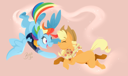 Size: 5520x3314 | Tagged: safe, artist:ballpitbee, derpibooru import, applejack, rainbow dash, earth pony, pegasus, pony, the last problem, appledash, clothes, cowboy hat, eyes closed, falling, female, flying, hat, lesbian, mare, missing cutie mark, older, older applejack, older rainbow dash, scarf, shipping