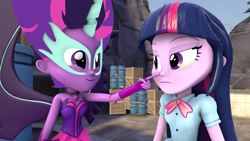 Size: 1920x1080 | Tagged: safe, artist:fivefreddy, midnight sparkle, sci-twi, twilight sparkle, equestria girls, 3d, boop, cute, happy, midnightabetes, poking, pure unfiltered evil, purple, source filmmaker, twilight is not amused, twolight, unamused