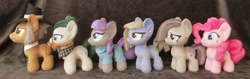 Size: 3775x1196 | Tagged: safe, artist:fireflytwinkletoes, cloudy quartz, igneous rock pie, limestone pie, marble pie, maud pie, pinkie pie, blush sticker, blushing, cute, frown, irl, lidded eyes, photo, pie family, pie sisters, plushie, quartzrock, siblings, sisters, smiling