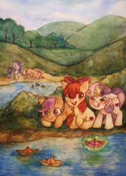 Size: 1280x1773 | Tagged: safe, artist:cloudlama, apple bloom, fluttershy, rarity, scootaloo, sweetie belle, pegasus, pony, unicorn, cutie mark, cutie mark crusaders, paper boat, scenery, sweetie belle's magic brings a great big smile, the cmc's cutie marks, traditional art