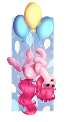 Size: 1400x2600 | Tagged: safe, artist:peachmayflower, pinkie pie, earth pony, pony, balloon, cute, diapinkes, flying, open mouth, smiling, solo, then watch her balloons lift her up to the sky, underhoof, upside down