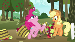 Size: 1280x720 | Tagged: safe, derpibooru import, screencap, applejack, pinkie pie, earth pony, pony, not asking for trouble, apple, apple tree, food, pure unfiltered evil, running, sweet apple acres, tree
