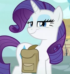 Size: 609x646 | Tagged: safe, screencap, rarity, pony, unicorn, inspiration manifestation, bag, cropped, smug