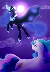 Size: 3500x5000 | Tagged: safe, artist:isorrayi, nightmare moon, princess celestia, alicorn, pony, princess twilight sparkle (episode), curved horn, duo, flying, night