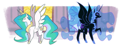 Size: 1228x492 | Tagged: safe, artist:egophiliac, nightmare moon, princess celestia, alicorn, pony, celestia's faithfuls, contrast, duo, ethereal mane, eyes closed, female, helmet, mare, raised hoof, sisters, spread wings, wings