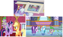 Size: 1734x1034 | Tagged: safe, derpibooru import, screencap, applejack, rainbow dash, spike, twilight sparkle, twilight sparkle (alicorn), alicorn, dragon, earth pony, pegasus, pony, unicorn, harvesting memories, memories and more, spoiler:deep tissue memories, spoiler:harvesting memories, spoiler:memories and more, spoiler:mlp friendship is forever, deep tissue memories, derpibooru, female, juxtaposition, male, meta, mirrored