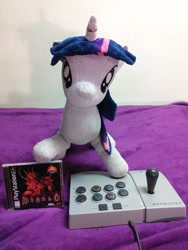 Size: 1944x2592 | Tagged: artist needed, safe, derpibooru import, twilight sparkle, arcade stick, blanket, diablo, diablo 1, diablo i, horn ring, irl, jin, photo, playstation, plushie