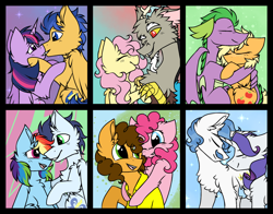 Size: 1400x1100 | Tagged: safe, artist:pegacousinceles, derpibooru import, applejack, cheese sandwich, discord, fancypants, flash sentry, fluttershy, pinkie pie, rainbow dash, rarity, soarin', spike, twilight sparkle, dragon, earth pony, pegasus, pony, unicorn, applespike, cheesepie, discoshy, female, flashlight, male, mane seven, mane six, raripants, shipping, soarindash, straight