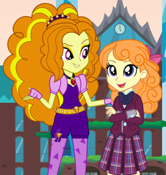 Size: 1038x1096 | Tagged: safe, artist:3d4d, artist:ambassad0r, artist:mewtwo-ex, adagio dazzle, orange sherbette, equestria girls, friendship games, rainbow rocks, background human, clothes, cousins, crystal prep academy uniform, fingerless gloves, gem, gloves, plaid skirt, pleated skirt, school uniform, siren gem, skirt