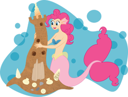 Size: 800x607 | Tagged: safe, artist:lozartist, pinkie pie, human, mermaid, breasts, cleavage, earfins, female, humanized, mermaidized, sandcastle, seashell, simple background, solo, species swap, transparent background, underwater