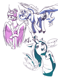 Size: 1600x2130 | Tagged: safe, artist:penny-wren, princess celestia, princess luna, queen chrysalis, alicorn, changeling, changeling queen, pony, female, simple background, sketch