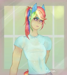 Size: 1037x1166 | Tagged: safe, alternate version, artist:gio.xolotl, derpibooru import, rainbow dash, human, clothes, eared humanization, female, humanized, solo