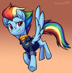 Size: 2912x2944 | Tagged: safe, artist:moonseeker, derpibooru import, rainbow dash, pegasus, pony, the last problem, alternate hairstyle, blushing, clothes, female, grin, high res, mare, older, older rainbow dash, signature, simple background, smiling, solo