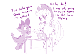Size: 1200x849 | Tagged: safe, artist:dstears, applejack, spike, dragon, earth pony, pony, angry, computer, duo, ehay, laptop computer, limited palette, monochrome, open mouth, pun, purple, raised hoof, simple background, smiling, table, white background