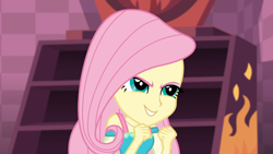 Size: 1366x768 | Tagged: safe, screencap, fluttershy, a fine line, better together, equestria girls, cute, evil grin, fluttershy's revenge, grin, pure unfiltered evil, shyabetes, smiling