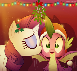 Size: 1200x1100 | Tagged: safe, artist:lennonblack, rarity, spike, dragon, pony, unicorn, christmas, eyes closed, female, hat, holiday, kissing, male, mare, mistletoe, santa hat, shipping, sparity, spread wings, straight, wingboner, winged spike, wings