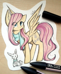 Size: 1024x1253 | Tagged: safe, artist:chimeeri, fluttershy, pegasus, pony, rabbit, clothes, duo, eye clipping through hair, female, head turn, looking at you, mare, marker, marker drawing, scarf, spread wings, traditional art, wings