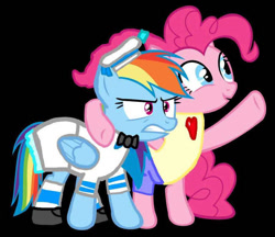 Size: 738x638 | Tagged: safe, derpibooru import, pinkie pie, rainbow dash, earth pony, pegasus, pony, angry, casual, clothes, duo, female, mare, outfit, ponies wearing clothing, ponytail, rage, sailor lolita, smiling