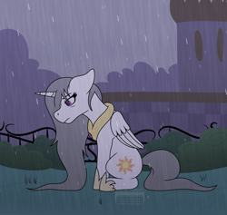 Size: 2212x2096 | Tagged: safe, artist:skylarkeeper, princess celestia, alicorn, pony, depressedia, fanfic, fanfic art, gray mane, grey hair, rain, sad, sadlestia, the death of princess luna