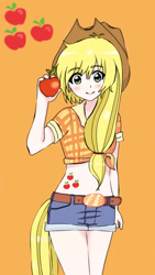 Size: 540x960 | Tagged: safe, artist:yui-chan24, applejack, human, apple, belly button, clothes, daisy dukes, food, front knot midriff, humanized, midriff, shorts, solo, tailed humanization