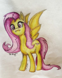 Size: 1024x1280 | Tagged: safe, artist:ialyrnaeloria, fluttershy, bat pony, pony, cropped, flutterbat, head tilt, looking at you, race swap, solo, spread wings, traditional art, watermark