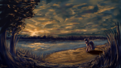 Size: 3000x1680 | Tagged: dead source, safe, artist:shamanguli, derpibooru import, twilight sparkle, unicorn twilight, unicorn, fisheye lens, lake, scenery, scenery porn, solo, sunset, water