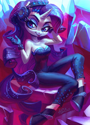 Size: 2067x2894 | Tagged: safe, artist:holivi, rarity, anthro, unguligrade anthro, unicorn, the other side, breasts, cleavage, clothes, equestria girls outfit, eyeshadow, female, gloves, headphones, jewelry, lidded eyes, lipstick, long mane, long tail, looking at you, makeup, mare, shoes, smiling, smirk, solo