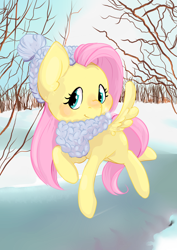 Size: 1024x1448 | Tagged: safe, artist:squishycuddle, fluttershy, pegasus, pony, clothes, cute, flying, hat, head turn, ice, looking at you, scarf, shyabetes, snow, solo, spread wings, winter