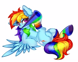 Size: 4096x3277 | Tagged: safe, artist:mite-lime, derpibooru import, rainbow dash, pegasus, pony, chest fluff, clothes, cute, dashabetes, female, high res, leg fluff, lying, mare, mouth hold, rainbow socks, simple background, socks, solo, striped socks, white background