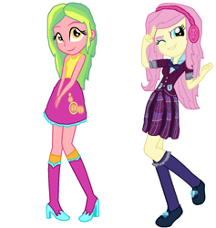 Size: 1098x1159 | Tagged: safe, artist:diana173076, fluttershy, lemon zest, equestria girls, boots, clothes, crystal prep academy uniform, headphones, high heel boots, high heels, pleated skirt, school uniform, shoes, simple background, skirt, socks, tanktop, white background