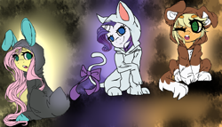 Size: 1024x585 | Tagged: safe, artist:ponipoke, applejack, fluttershy, opalescence, rarity, winona, cat, dog, earth pony, pegasus, pony, unicorn, animal costume, bow, bunny ears, cat ears, cat tail, clothes, costume, cute, dangerous mission outfit, female, freckles, hoodie, kigurumi, looking at you, looking back, looking back at you, mare, one eye closed, open mouth, smiling