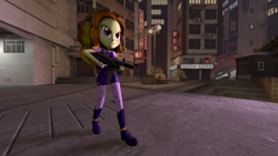 Size: 2920x1642 | Tagged: safe, artist:tonystorm12, adagio dazzle, equestria girls, 3d, city, evil grin, gun, machine gun, solo, walking, weapon