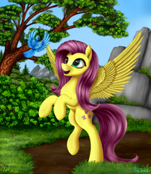 Size: 2600x3000 | Tagged: safe, artist:pony-stark, fluttershy, bird, pegasus, pony, bush, cliff, eye reflection, path, rearing, rock, solo, spread wings, tree