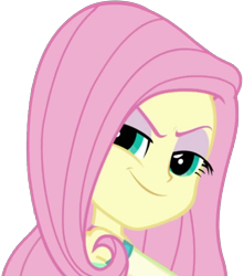 Size: 1811x2047 | Tagged: safe, artist:thebarsection, fluttershy, better together, equestria girls, evil grin, female, lidded eyes, looking at you, looking back, pure unfiltered evil, simple background, smiling, smug, smugshy, solo, transparent background