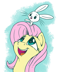 Size: 1665x2094 | Tagged: safe, artist:pirill, angel bunny, fluttershy, pegasus, pony, 30 minute art challenge, bunny on head, bust, cute, cute little fangs, fangs, looking at something, looking up, open mouth, portrait, shyabetes, simple background, sitting on head, sitting on person, smiling, transparent background