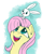 Size: 1665x2094 | Tagged: safe, artist:pirill, angel bunny, fluttershy, pegasus, pony, 30 minute art challenge, bunny on head, bust, cute, cute little fangs, fangs, looking at something, looking up, open mouth, portrait, shyabetes, simple background, sitting on head, sitting on person, smiling, transparent background