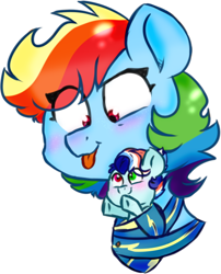 Size: 496x613 | Tagged: safe, artist:honneymoonmlp, derpibooru import, rainbow dash, oc, oc:sonic rainbow, pegasus, pony, baby, female, momma dash, moonverse, mother and child, mother and daughter, next generation, offspring, parent and child, parent:rainbow dash, parent:soarin', parents:soarindash, simple background, white background