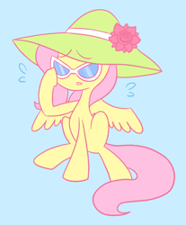 Size: 1042x1259 | Tagged: safe, artist:typhwosion, fluttershy, pegasus, pony, blue background, hat, open mouth, simple background, sitting, solo, spread wings, sun hat, sweat, sweatdrops