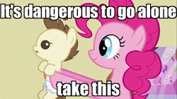 Size: 1100x618 | Tagged: safe, edit, edited screencap, screencap, pinkie pie, pound cake, earth pony, pony, baby cakes, image macro, it's dangerous to go alone, meme, the legend of zelda