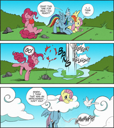 Size: 1326x1477 | Tagged: safe, artist:nekoshiei, derpibooru import, edit, edited edit, editor:anonycat, seven seas, fluttershy, pinkie pie, rainbow dash, bird, earth pony, pegasus, pony, my little pony: the manga, ambiguous penetration, balloon, balloon popping, blowing up balloons, blushing, cloud, colored, comic, cropped, dialogue, female, head up butt, mare, mean, penetration, pin, popping, rock, scared