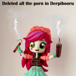 Size: 588x584 | Tagged: safe, artist:whatthehell!?, edit, roseluck, equestria girls, animated, clothes, doll, dynamite, equestria girls minis, explosives, gauntlet, gif, irl, jacket, parody, photo, pure unfiltered evil, skirt, suicide bomber, toy