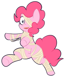 Size: 1669x1930 | Tagged: safe, artist:mr-degration, pinkie pie, pony, bipedal, clothes, costume, cute, looking at you, mummy, open mouth, simple background, solo, transparent background