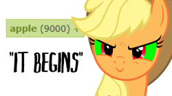 Size: 909x506 | Tagged: safe, derpibooru import, edit, editor:moonatik, applejack, earth pony, pony, apple, cowboy hat, derpibooru, evil, evil grin, female, food, happy, hat, image macro, inverted mouth, it begins, mare, meme, meta, over 9000, pure unfiltered evil, scrunchy face, silly, silly pony, simple background, smiling, solo, sombra eyes, tags, that pony sure does love apples, this will end in apples, white background, who's a silly pony