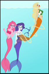 Size: 1840x2742 | Tagged: safe, artist:physicrodrigo, part of a series, part of a set, applejack, pinkie pie, rarity, mermaid, series:equestria mermaids, equestria girls, applerack, belly button, bikini, bikini bottom, blue underwear, breasts, clothes, dress, gills, high res, loose hair, mermaidized, midriff, ocean, pinkie pies, raritits, seashell, seashell bra, species swap, story included, swimsuit, torn clothes, transformation, trio, underwater