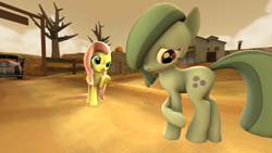 Size: 1920x1080 | Tagged: safe, artist:jarg1994, fluttershy, marble pie, earth pony, pegasus, pony, 3d, building, crate, dirt, hoofprint, pickup truck, pointing, pumpkin, source filmmaker, tree, vehicle