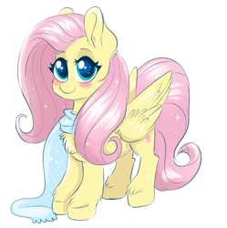 Size: 1393x1398 | Tagged: safe, artist:confetticakez, fluttershy, pegasus, pony, blush sticker, blushing, chest fluff, clothes, cute, ear fluff, looking at you, scarf, shyabetes, simple background, smiling, solo, unshorn fetlocks, white background