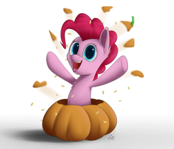 Size: 3396x2914 | Tagged: safe, artist:deltauraart, pinkie pie, earth pony, pony, pinkie being pinkie, pumpkin, smiling, solo